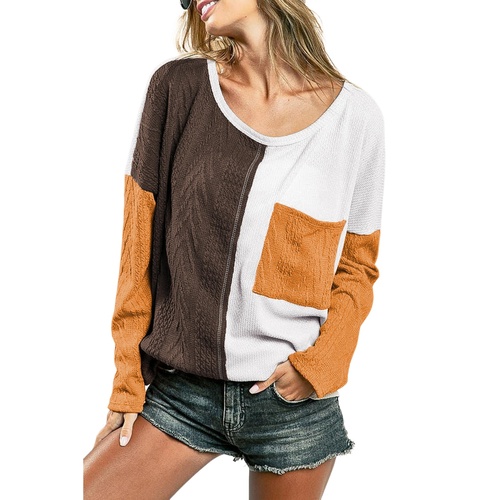 Brown Color Block Patchwork Chest Pocket Long Sleeve Top - L - Main Image