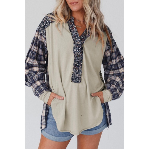 Blue Floral Plaid Mixed Print Bishop Sleeve Patchwork Top - S - Main Image