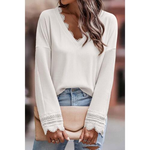 Azura Exchange White Ribbed Texture Lace Trim V Neck Top - M - Main Image