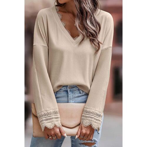 Azura Exchange Lace Trim V Neck Long Sleeve Top - 2XL - Main Image