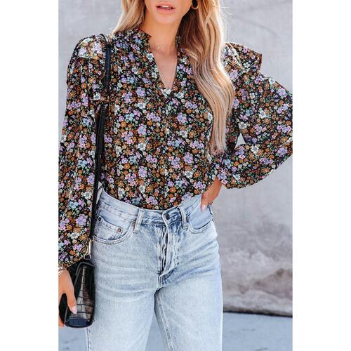 Azura Exchange Floral Print Ruffled Bubble Sleeve Shirt - M - Main Image