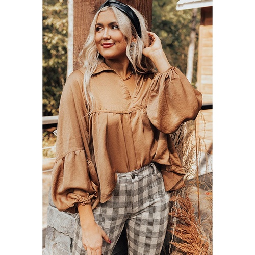 Brown Puff Sleeve Collared Pleated Babydoll Blouse - M - Main Image