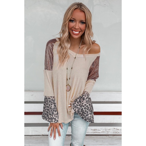 Leopard Sequin Patchwork Bell Sleeve V Neck Tunic Top - S - Main Image