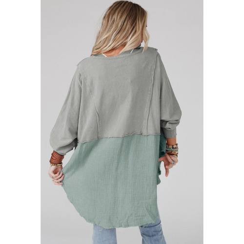 Grey Crinkle Splicing Raw Hem High Low Oversized Blouse - L - Main Image
