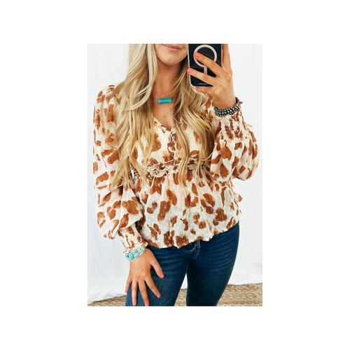 Azura Exchange Leopard Jacquard Puff Sleeve Peplum Blouse - XL - Main Image