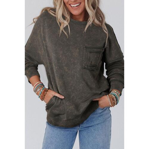 Azura Exchange Acid Wash Drop Shoulder Long Sleeve Sweatshirt with Pockets - S - Main Image