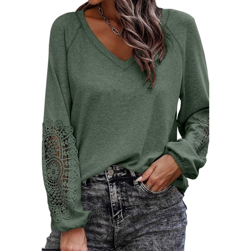 Green Crochet Lace Patch Raglan Sleeve Top - S - Main Image