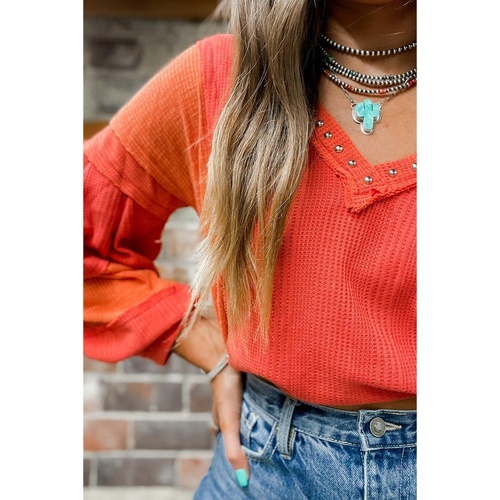 Red Studded V Neckline Exposed Seam Textured Knit Top - XL - Main Image