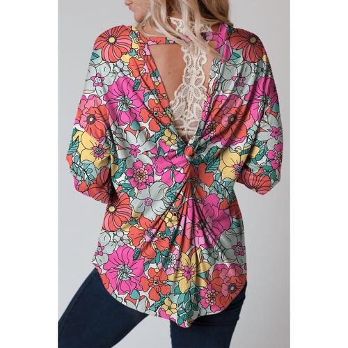 Azura Exchange Floral Long Sleeve Top with Twisted Hollow-out Back - L - Main Image
