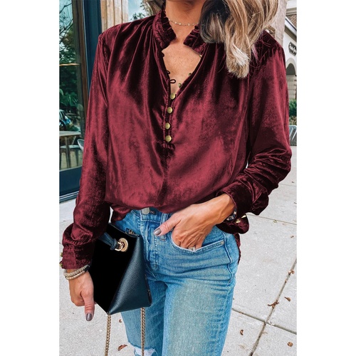 Biking Red Frilled Neck Buttoned Front Velvet Top - 2XL - Main Image