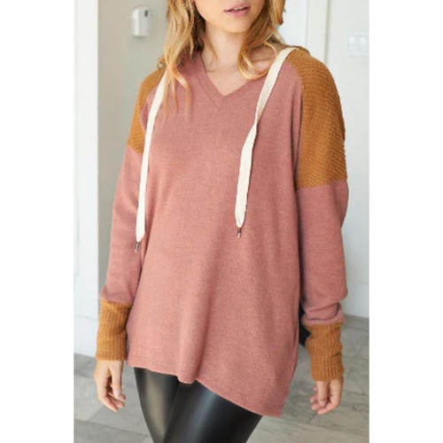 Brown Waffle Knit Patchwork Drawstring V Neck Hoodie - M - Main Image