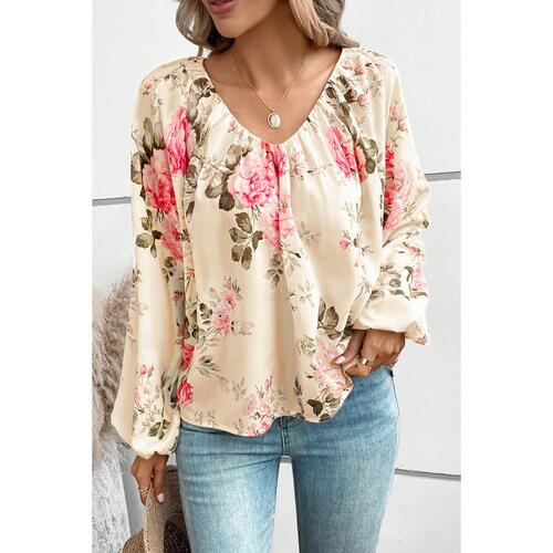 Azura Exchange Floral Print V-Neck Lantern Sleeve Blouse - M - Main Image
