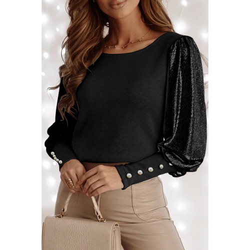 Black Buttoned Cuffs Shiny Puff Sleeves Top - XL - Main Image