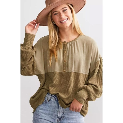 Khaki Ribbed Patchwork Drop Shoulder Buttoned Neckline Blouse - S - Main Image