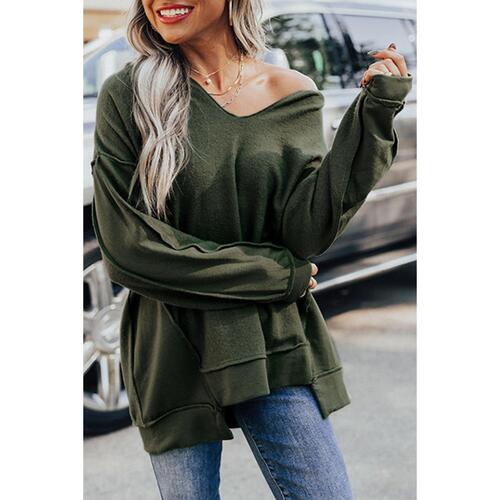Azura Exchange Exquisite Green Long Sleeve Top with Split Neck and Exposed Seam Detail - L - Main Image