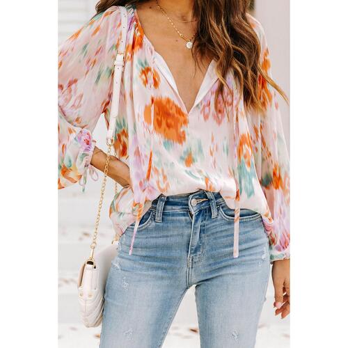 Azura Exchange Abstract Print Split Neck Puff Sleeve Blouse - L - Main Image