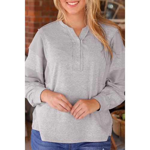 Gray Waffle Patchwork Dolman Sleeve Henley Top - L - Main Image