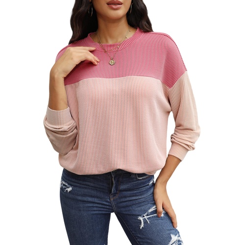 Pink Color Block Long Sleeve Ribbed Loose Top - M - Main Image