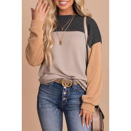 Azura Exchange Color Block Long Sleeve Ribbed Loose Top - M - Main Image