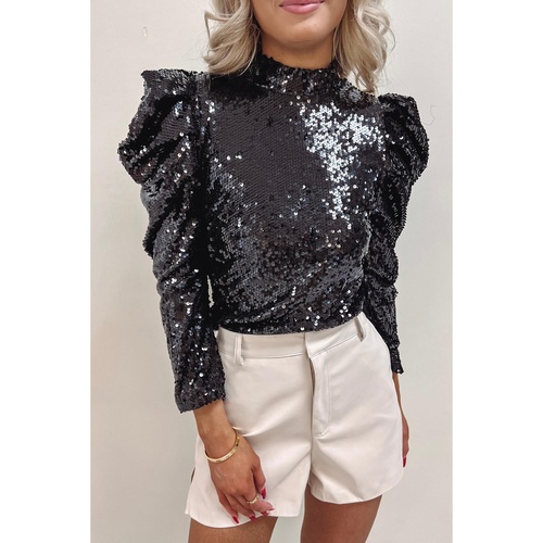 Black Sequin Mock Neck Bubble Sleeve Top - S - Main Image