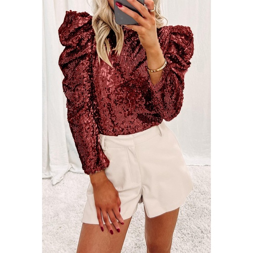 Burgundy Sequin Mock Neck Bubble Sleeve Top - L - Main Image