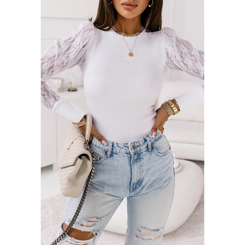 White Lace Splicing Sleeve Ribbed Slim Top - L - Main Image