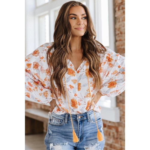 White Tassel Tie V Neck Bubble Sleeve Floral Blouse - M - Main Image