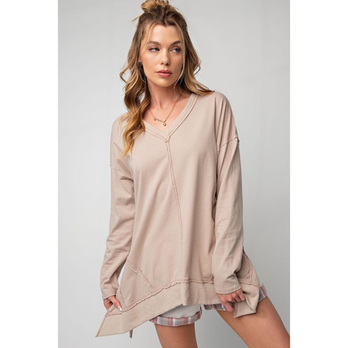 Apricot Exposed Seam V Neck Split Hem Tunic Top - S - Main Image