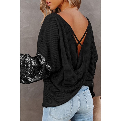 Black Sequin Patchwork Sleeve Open Back Waffle Knit Top - S - Main Image