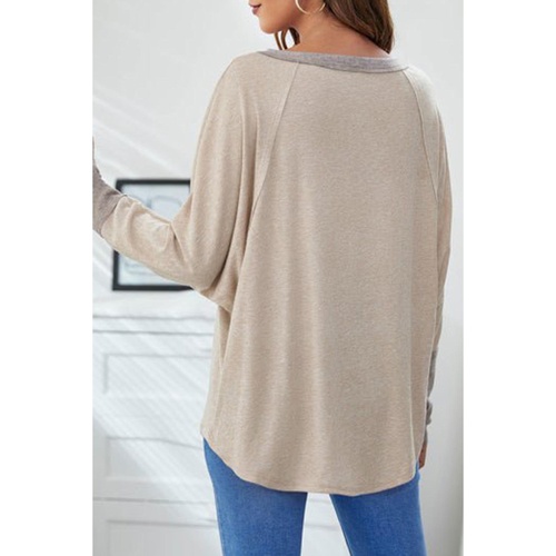 Khaki Contrast Cuffs Batwing Sleeve Loose Top - XL - Main Image