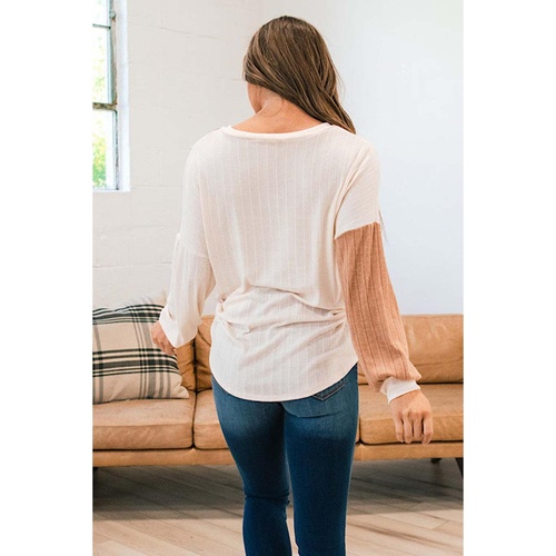 Apricot Color Block Wide Ribbed V Neck Top - XL - Main Image