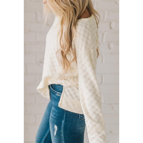 Beige Solid Textured Thumbhole Sleeve Top - S - Main Image