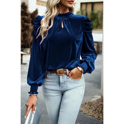 Sky Blue Fiery Mock Neck Puff Sleeve Velvet Blouse - L - Main Image