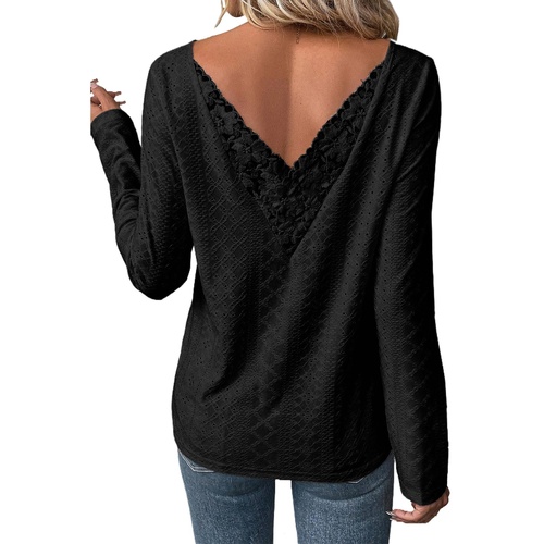 Black Floral Lace Splicing Eyelet Long Sleeve Top - XL - Main Image