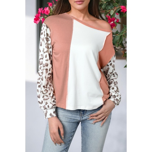 Apricot Colorblock Leopard Sleeve Patchwork Top - S - Main Image
