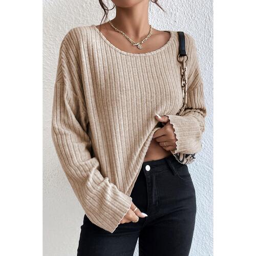 Azura Exchange Beige Drop Shoulder Loose Ribbed Knit Top - M - Main Image