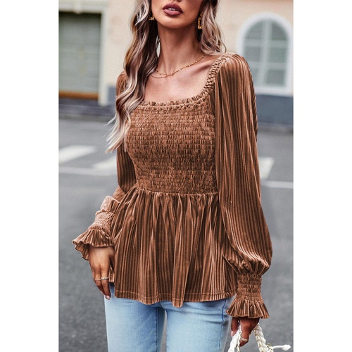Chestnut Smocked Ribbed Velvet Babydoll Top - M - Main Image
