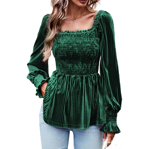 Blackish Green Smocked Ribbed Velvet Babydoll Top - L - Main Image