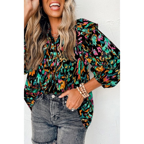 Multicolour Abstract Print 3/4 Puff Sleeve Ruffle Blouse - S - Main Image