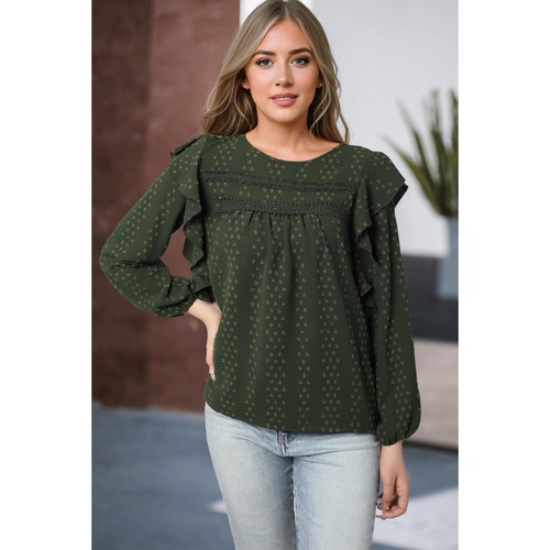 Blackish Green Lace Eyelet Ruffle Shoulder Long Sleeve Blouse - L - Main Image
