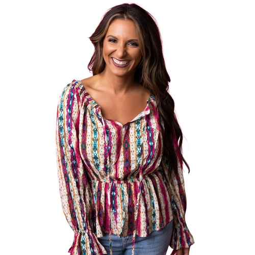 Multicolour Western Aztec Split Neck Peplum Blouse - XL - Main Image