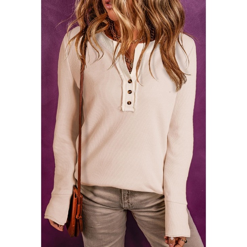 Beige Waffle Knit Textured Henley Top - XL - Main Image