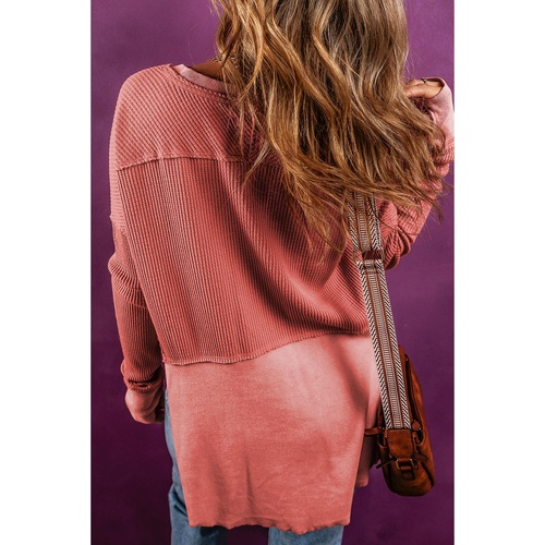 Mineral Red Exposed Seam Slit Neck Waffle Knit Patchwork Top - L - Main Image