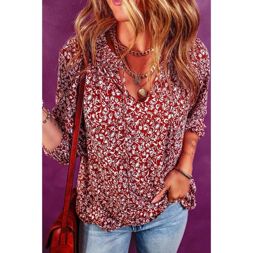 Biking Red Floral Print Smocked Tie Neck Blouse - L - Main Image