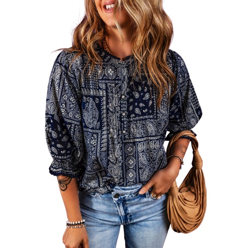 Navy Blue Vintage Boho Paisley Print 3/4 Sleeve Blouse - M - Main Image