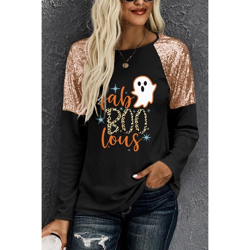 Black Leopard Boo Ghost Graphic Sequin Raglan Sleeve Top - S - Main Image