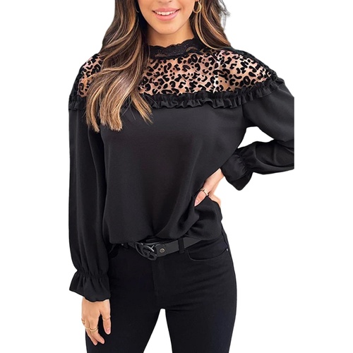 Black Leopard Mesh Splicing Ruffle Long Sleeve Blouse - M - Main Image