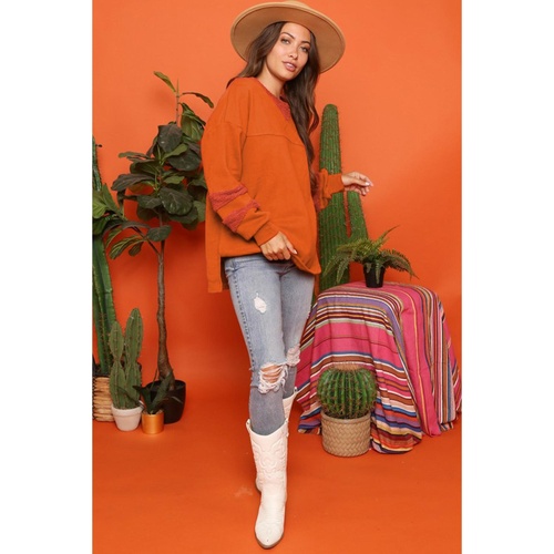 Carrot Fleece Patchwork Side Slits High Low Sweatshirt - L - Main Image