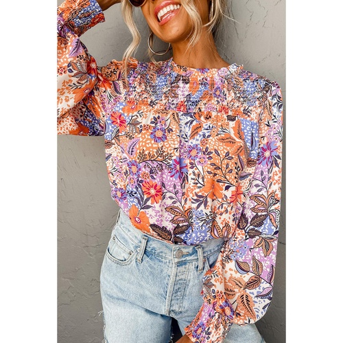 Multicolour Floral Bishop Sleeve Frilled Round Neck Blouse - S - Main Image
