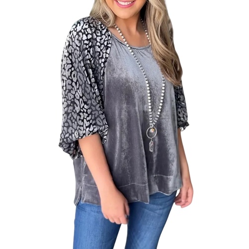 Azura Exchange Medium Grey Leopard Splicing Lantern Sleeve Velvet Blouse - L - Main Image